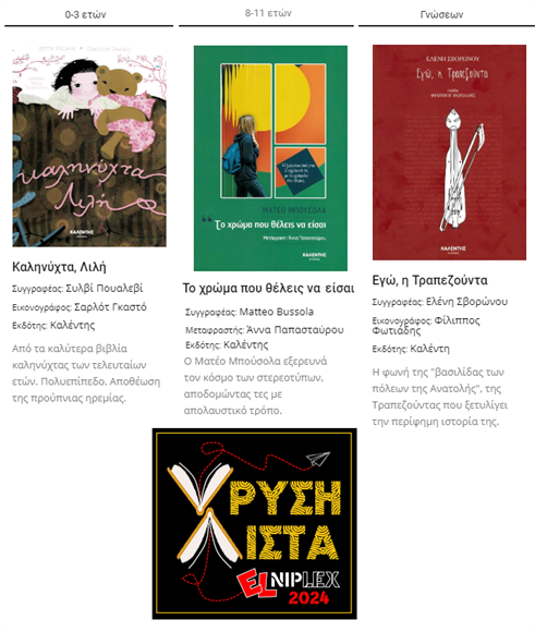 Τρία βιβλία των εκδόσεων Καλέντη στις φετινές Χρυσές Λίστες της Elniplex